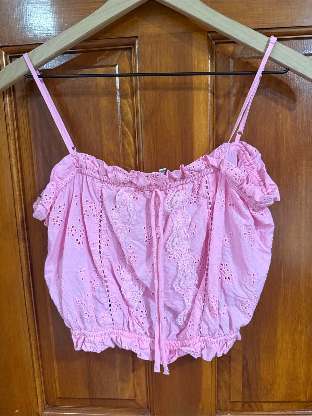 Pink Eyelet Off-Shoulder Crop Top -